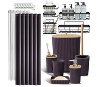 Juego de accesorios de baño y organizador de ducha, 25 piezas con organizador de ducha para almacenamiento de baño, juego de cortina de ducha morado, cepillo de inodoro, cubo de basura, dispensador de