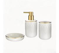 Juego de accesorios para baño, 3 piezas, color blanco con detalles dorados, incluye dispensador de jabón, jabonera y soporte para cepillos de dientes, ideal para baños