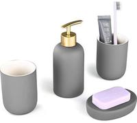 Juego de accesorios para baño, 4 piezas, cerámica, completo con 2 porta cepillos de dientes de 300 ml, un dispensador de jabón de 340 ml y una jabonera, juego para baño, color gris