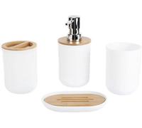 Juego de accesorios para baño de 4 piezas, que incluye: vaso para cepillo de dientes, vaso para enjuague bucal, dispensador de loción y jabonera. Resistente al agua, duradero, ideal como regalo. Color