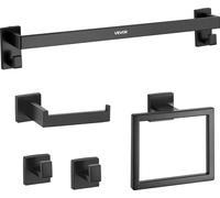 Juego de accesorios para baño en color mate, compuesto por 5 piezas de acero inoxidable: barra para toallas de 60 cm, toallero, 2 ganchos para toallas de baño, y soporte para papel higiénico. Ideal pa