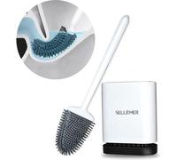 Juego de accesorios para baño que incluye un cepillo de inodoro flexible, con cerdas recubiertas de silicona, diseño compacto, mango de acero inoxidable y color blanco