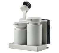 Juego de accesorios para lavabo con dosificador de jabón doble, color gris cálido, 18 x 11,2 x 17 cm