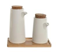 Juego de Aceitera, Vinagrera de Gres Blanco con Bandeja de Bambú para Mesa de tu Comedor, Jardín o Terraza.