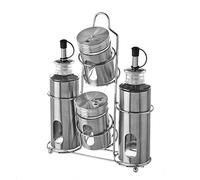 Juego de aceitera, vinagrera, salero y pimentero de cristalcon soporte de acero inoxidable gris de 17x7x24 cm - LOLAhome