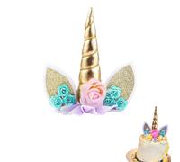Juego de adornos para tartas de unicornio dorado, cuerno y orejas de purpurina reutilizables, decoración de fiesta para niñas, cumpleaños, bodas y pasteles con temática de arco iris (10,16 cm)
