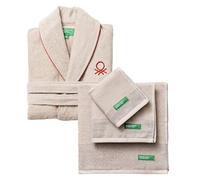 Juego de Albornoz L/XL 100% Algodón + Set de 3 Toallas de Baño (30x50 + 50x90 + 70x140cm) 450GSM de color Beige Benetton