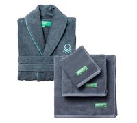 Juego de Albornoz M/L 100% Algodón + Set de 3 Toallas de Baño (30x50 + 50x90 + 70x140cm) 450GSM de color Gris oscuro Benetton
