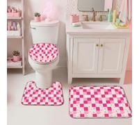 Juego de alfombras de baño a cuadros de 3 piezas, elegantes y modernas gotas de agua, cuadradas, durazno, para dormitorio, artículos esenciales para la habitación, en forma de U, para decoración de