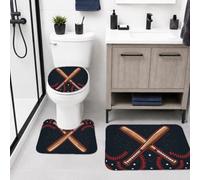 Juego de alfombras de baño de 3 piezas, diseño deportivo casual de béisbol con estrellas, color negro, esenciales para dormitorio, baño, baño, baño, baño, bañera, ducha, decoración