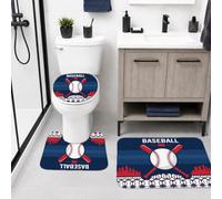 Juego de alfombras de baño de béisbol de 3 piezas, estilo deportivo, casual, murciélagos, paisaje urbano, deportivo, azul marino, juego de alfombras de baño esenciales para ducha, decoración de