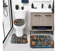 Juego de alfombras de baño de guitarra de 3 piezas, notas musicales artísticas modernas en espirales, ninguno azul esencial para dormitorio, alfombras de inodoro en forma de U para decoración de