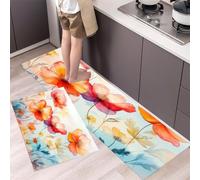 Juego De Alfombras De Cocina Amapola De Acuarela De 2 Piezas, Tapetes De Cocina Flores Frescas Y De Ensueño Antideslizantes Para Decoración Del Hogar, Escritorio De Pie 50x80cm+50x150cm, Naranja