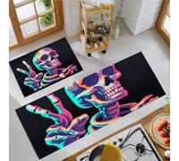 Juego de Alfombras de Cocina Graffiti Pop Callejero Antideslizantes, 40x60cm+40x120cm Tapete Cocina Cráneo Gradiente Fluorescente Resistente y Fácil de Lavar para Zona del Fregadero, Placa de Cocción