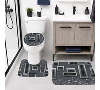 Juego de alfombras geométricas de baño de 3 piezas, modernas y contemporáneas, cuadradas, rectangulares, grises, esenciales, para baño, baño, decoración de suelo