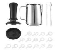 Juego de Arte de Café de 21 Piezas, Jarra de Espuma de Leche de Acero Inoxidable de 350 ml con 16 Plantillas de Decoración de Café, Base de 58 mm, Almohadilla de Almacenamiento,