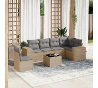 Juego de asientos de ratán PE de 7 piezas con cojines beige, muebles de jardín modulares con tapa de vidrio y almacenamiento impermeable