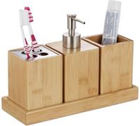 Juego de baño 4 piezas - Delig - Bambú - Dispensador de jabón - Soporte para cepillos de dientes - Vaso para cepillos de dientes - Plato pequeño - Color natural