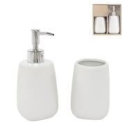 Juego de baño blanco de dos piezas, que incluye un dispensador de jabón y un vaso