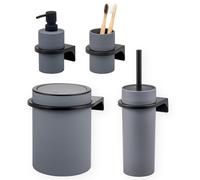 Juego de baño bremermann SAVONA de 4 piezas con dispensador de jabón, vaso, cubo de aseo de 5,5 litros y juego de escobilla de baño, fabricado en plástico gris.