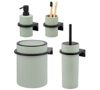 Juego de baño bremermann SAVONA de 4 piezas con dispensador de jabón, vaso, cubo de aseo de 5,5 litros y juego de escobilla de baño, fabricado en plástico de color verde salvia.