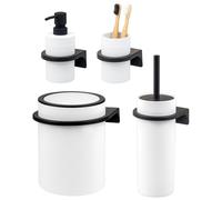 Juego de baño bremermann SAVONA de 4 piezas con dispensador de jabón, vaso, cubo de aseo de 5,5 litros y juego de escobilla de baño, fabricado en plástico blanco.