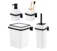 Juego de baño bremermann SAVONA de 4 piezas con dispensador de jabón, vaso, cubo de aseo de 6 litros y juego de escobilla de baño, fabricado en plástico blanco.