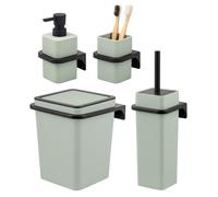 Juego de baño bremermann SAVONA de 4 piezas con dispensador de jabón, vaso, papelera de 6 litros y juego de escobilla de baño, fabricado en plástico color verde salvia.