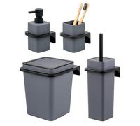 Juego de baño bremermann SAVONA de 4 piezas con dispensador de jabón, vaso, papelera de 6 litros y juego de escobilla de baño, fabricado en plástico gris.