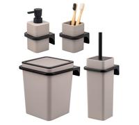 Juego de baño bremermann SAVONA de 4 piezas con dispensador de jabón, vaso, papelera de 6 litros y juego de escobilla de baño, fabricado en plástico color topo.