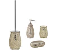 Juego de baño de 4 piezas, que incluye: dispensador de jabón, cepillo para inodoro, y dos recipientes (uno para champán/vino espumoso y otro para crema)