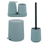 Juego de baño de 5 piezas eluno TESERO con dispensador de jabón, taza, lavabo, papelera de 4 litros, juego de escobilla de baño, plástico en color azul claro.