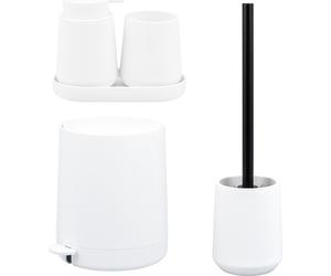 Juego de baño de 5 piezas eluno TESERO con dispensador de jabón, taza, lavabo, papelera y juego de escobilla de baño, fabricado en plástico blanco.