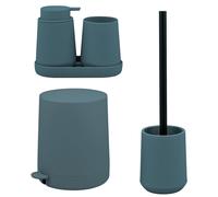 Juego de baño de 5 piezas eluno TESERO con dispensador de jabón, vaso, lavabo, cubo de aseo de 4 litros y juego de escobilla de baño, fabricado en plástico azul.