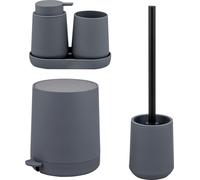 Juego de baño de 5 piezas eluno TESERO con dispensador de jabón, vaso, lavabo, papelera y juego de escobilla de baño de plástico en color gris.