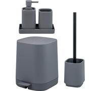Juego de baño de 5 piezas eluno VALONA con dispensador de jabón, taza, lavabo, papelera y juego de escobilla de baño de plástico en color gris.