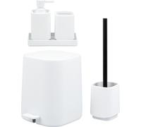 Juego de baño de 5 piezas eluno VALONA con dispensador de jabón, taza, lavabo, papelera y juego de escobilla de baño, fabricado en plástico blanco.