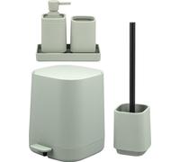 Juego de baño de 5 piezas eluno VALONA con dispensador de jabón, taza, lavabo, papelera y juego de escobilla de baño, fabricado en plástico de color verde salvia.
