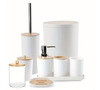 Juego de Baño de 9 Piezas, de Basura, Bandeja, Dispensador de Jabón, Portacepillos, Vaso para Cepillos de Dientes, Jabonera, Cepillo para Inodoro y Portahojitas