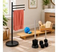 Juego de baño de bambú (de 3 piezas) – Soporte de 30 cm para artículos de baño, toallero giratorio con 3 barras y cepillos de repuesto