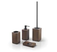 Juego de baño de bambú de 4 piezas en color nogal: jabonera, cepillo de inodoro, dispensador y soporte