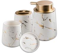 Juego de baño de cerámica Unyqoos® de 4 piezas, con diseño blanco marmolizado y detalles en rosa dorado, que incluye un dispensador de jabón recargable, un jabonero, un vaso para el cepillo de dientes