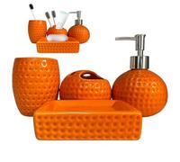 Juego de baño Naranja de 4 Piezas, Accesorios de baño de cerámica Naranja Que Incluyen portacepillos de Dientes, Vaso, dispensador de loción y jabonera para casa y Hotel.