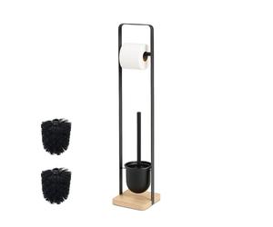 Juego de baño Relaxdays, HxWxD: 72,5 x 15 x 14,5 cm, Acero y bambú, Soporte de Papel higiénico, escobilla, Negro/Natural