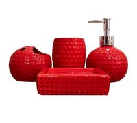 Juego de baño rojo de 4 piezas, accesorios para el baño rojo de cerámica incluye soporte para el cepillo de dientes, vaso, dispensador de loción, plato de jabón para decoración del baño navideño