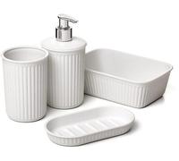 Juego de baño Unyqoos® de 4 piezas, color blanco: incluye un recipiente, un dispensador, un jabonera y un organizador. Fabricado con 100% de PP reciclado, libre de BPA. Dimensiones: recipiente: 15x8,2