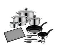 Juego de batería de cocina y utensilios con 10 piezas de WMF, ollas, sartenes, cazo, cuchillos de cocina, tijeras, tabla de cortar, reborde protector, Diadem Plus, tapa de cristal, acero inoxidable pulido Cromargan, aptos para inducción y lavavajillas