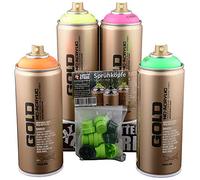 Juego de botes de spray Montana Gold fluorescentes de neón 4 x 400 ml, incluye cabezales pulverizadores de repuesto