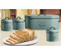 Juego de botes metálicos para cocina de Herzberg: Negro con tapas de bambú (3 botes y 1 caja de pan)