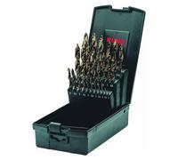 Juego de brocas helicoidales DIN 338 ULTIMATECUT FS, nominalmente de 1-13 x 0,5 mm, de acero rápido HSS-Co5 con revestimiento dorado, 25 piezas, en estuche de plástico